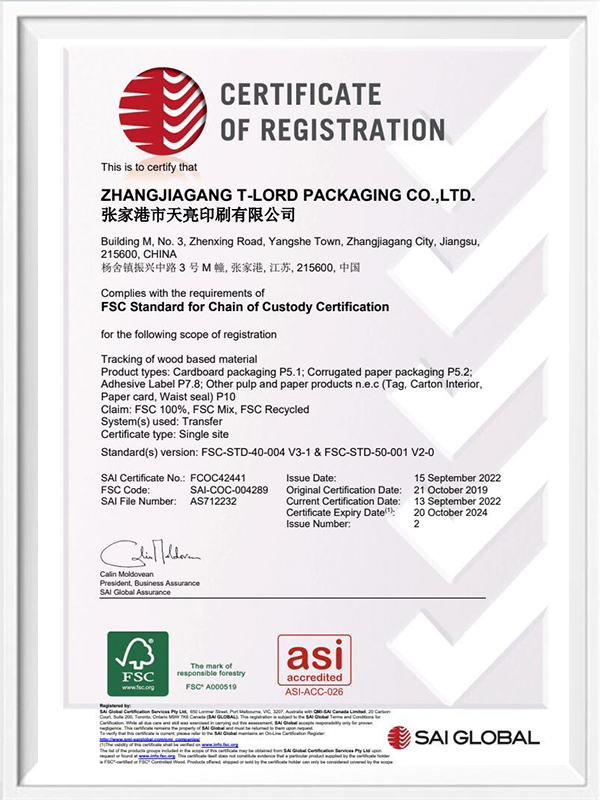 Certifikáty FSC T-LORD PACKAGING CO.,LTD